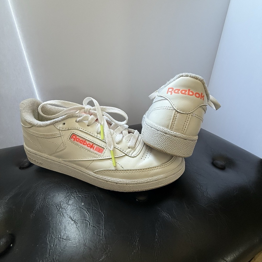 Reebok WOMEN'S size 7.5 Club C 85 Tennis Sneakers FY5163 White Neon Orange Used